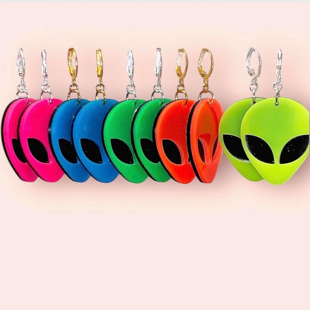 Vibrant Neon Acrylic Alien Face Earrings